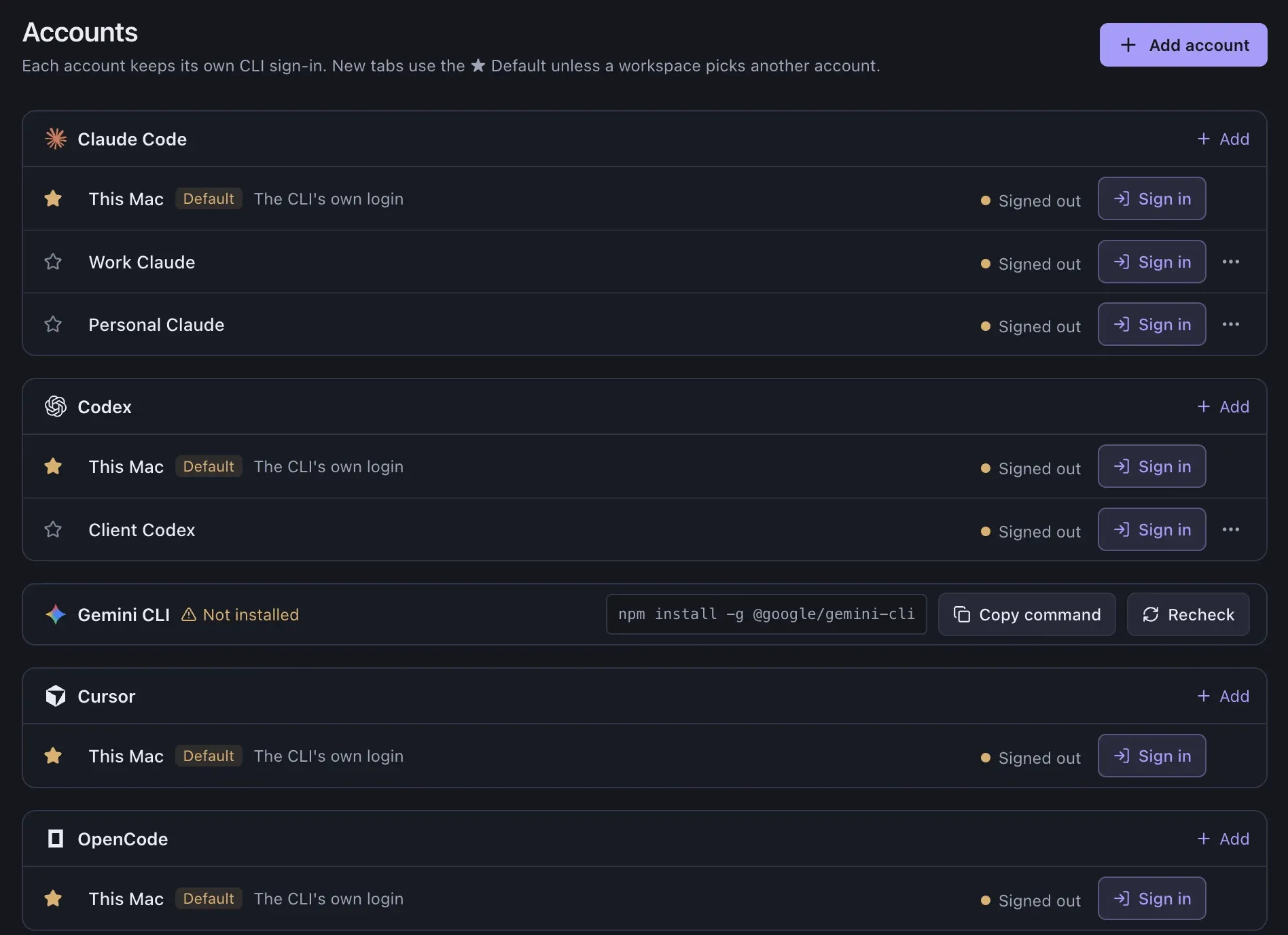 The Accounts page listing This Mac, Work Claude and Personal Claude for Claude Code, and accounts for Codex, Cursor and OpenCode