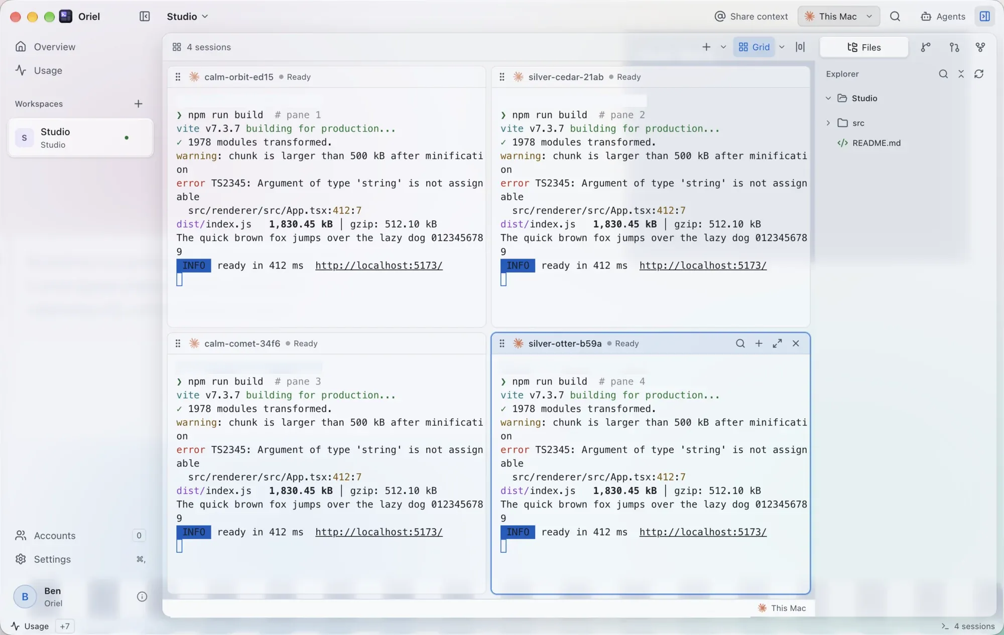Four terminal panes in Oriel’s grid in the light Liquid Glass theme