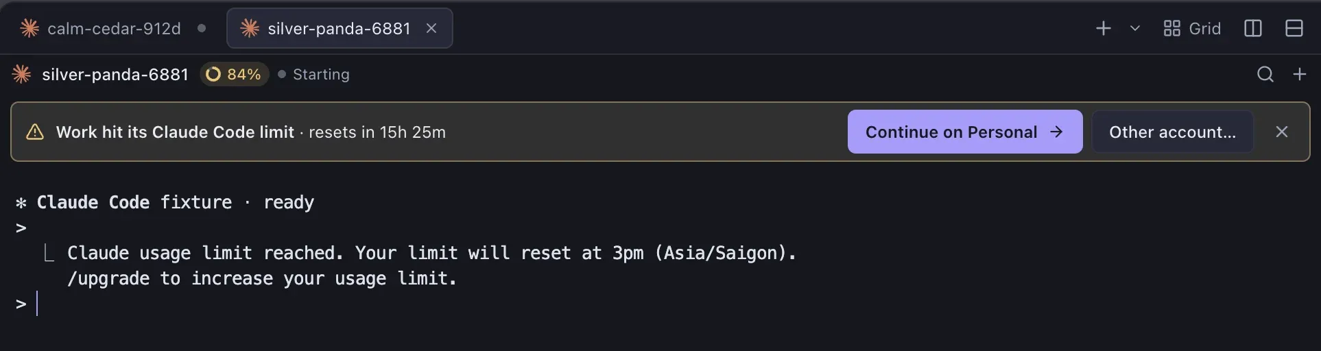 A pane banner: Work hit its Claude Code limit, resets in 15 hours 25 minutes, with a Continue on Personal button