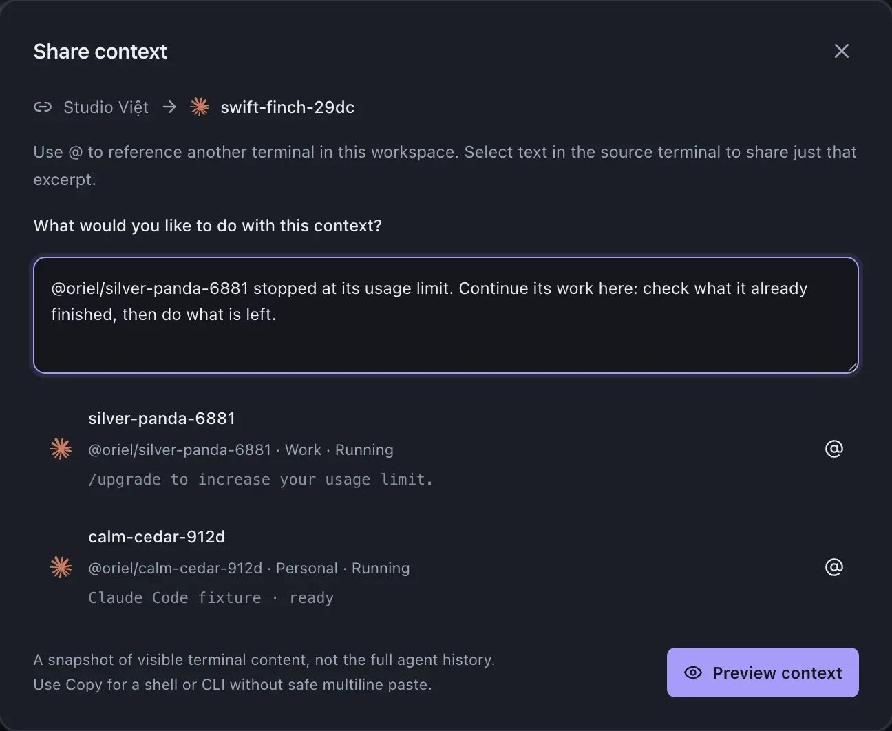 The Share context composer with a request that mentions @oriel/silver-panda-6881 and two terminals to choose from