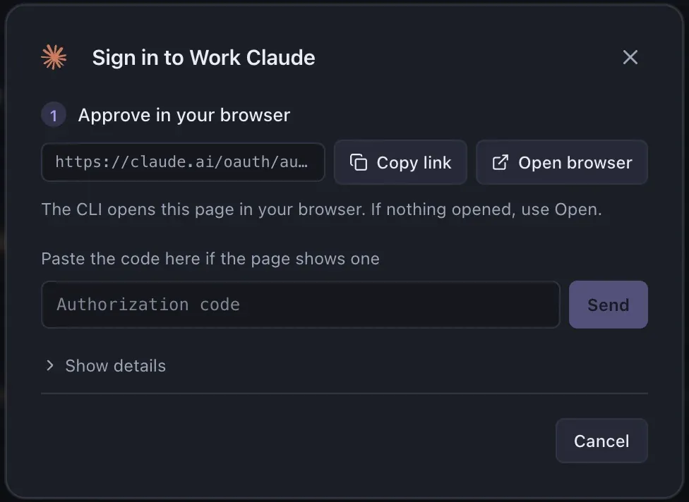 The Sign in to Work Claude sheet with Copy link and Open browser buttons