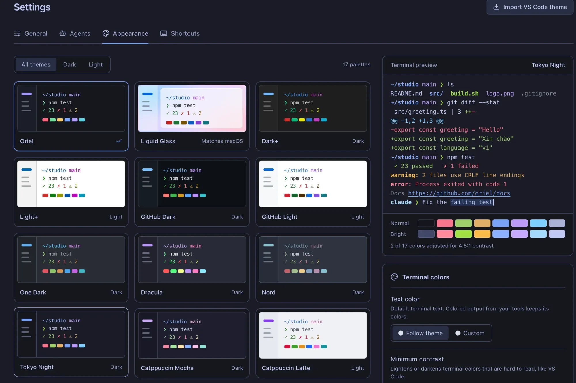 Appearance settings with theme cards for Oriel, Liquid Glass, Dark+, GitHub, One Dark, Dracula, Nord, Tokyo Night and Catppuccin, and a terminal preview